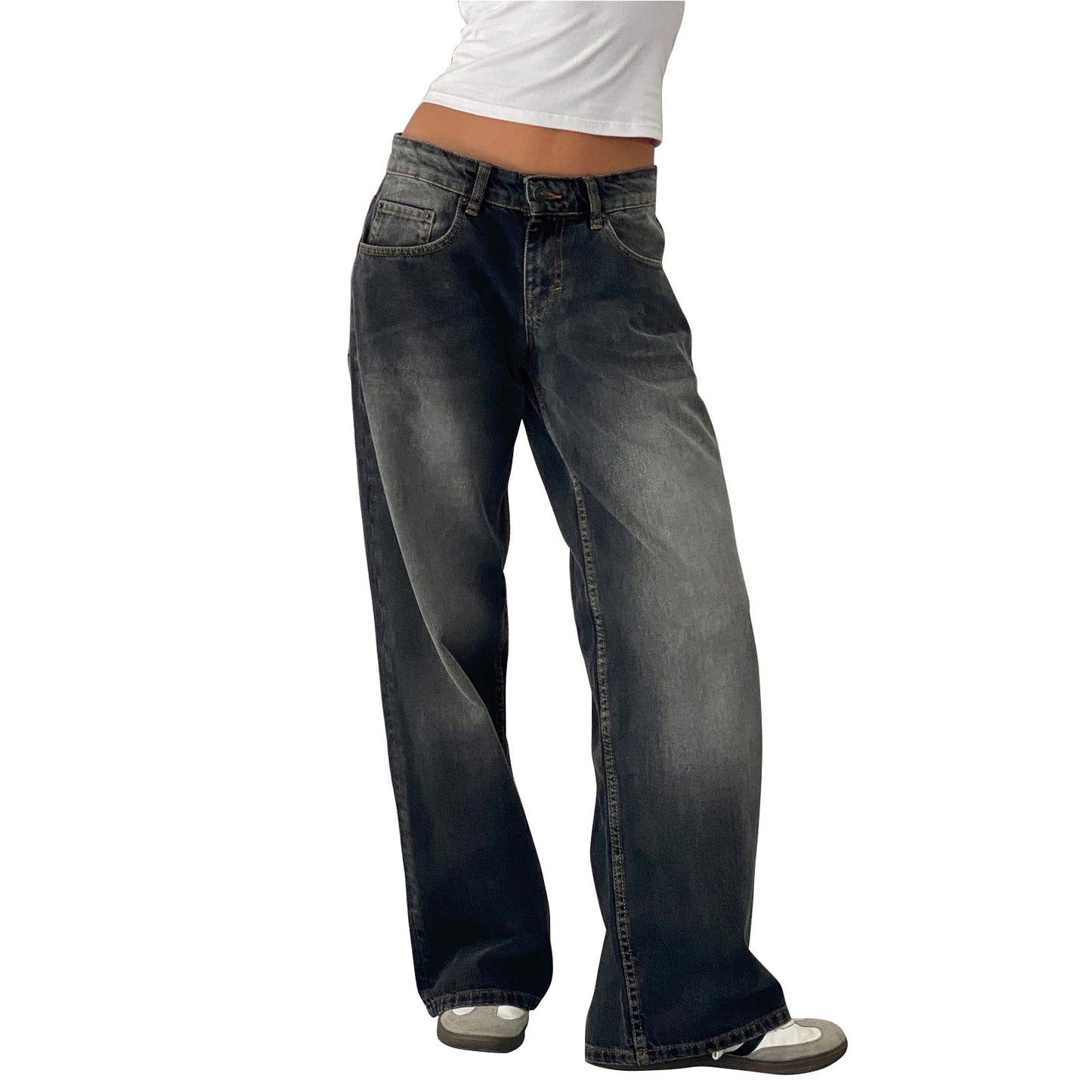 Women's Retro Low Waist Washed Straight Autumn Street Wide Leg Jeans