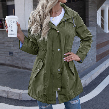 Women's Hooded Zipper Raincoat Winter Mid-length Coats
