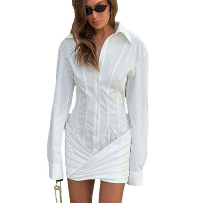 White Waisted Dress Design Sense Temperament Long Sleeve Slim Dresses