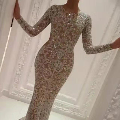 Women's Glossy Silk Bronzing Long Sleeve Dress Wedding Dresses