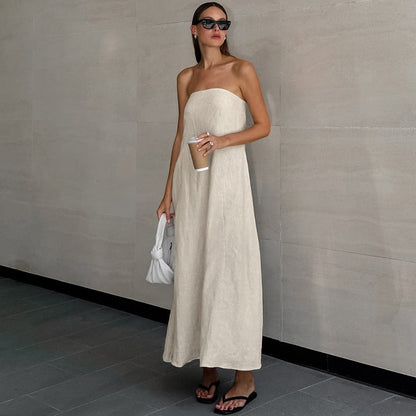 Women's Cotton Linen Tube Vacation High Waist Dresses