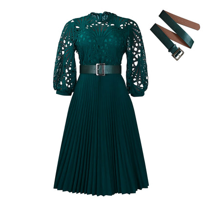 Women's Temperament Pure Color Lace Crocheted Pleated Dresses