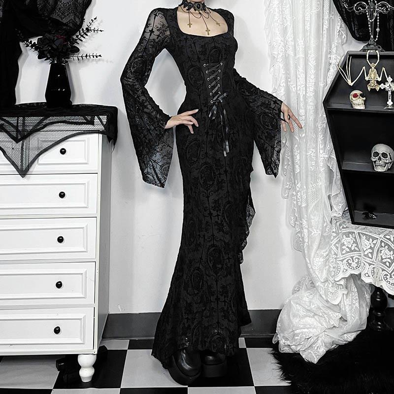 Elegant Sexy Cross Flocking Long-sleeved Dress Dresses