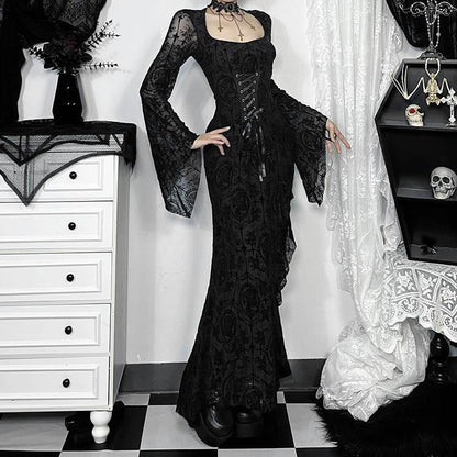 Elegant Sexy Cross Flocking Long-sleeved Dress Dresses