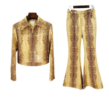 Cool Fashion Snakeskin Pattern Leather Flared Pants