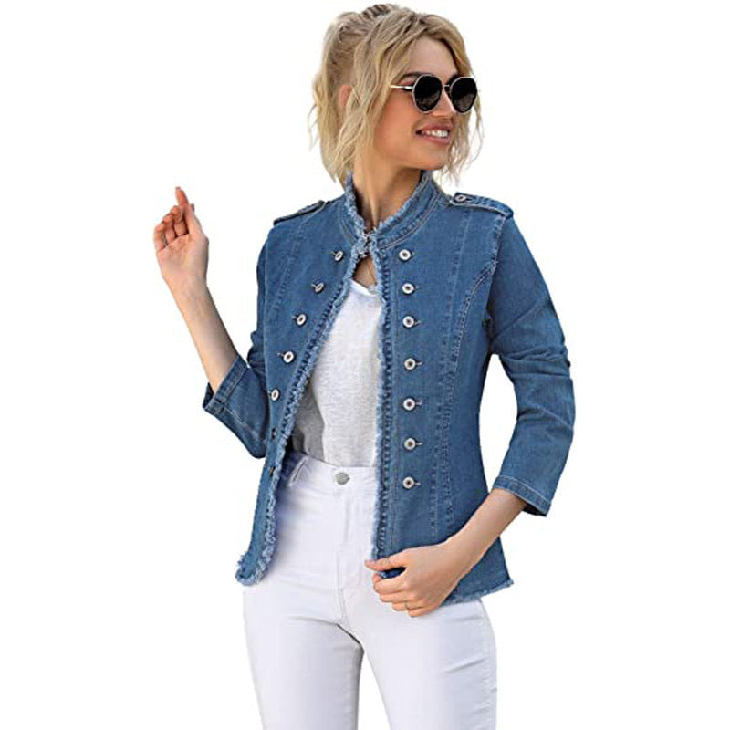 Women's Denim Cat Beard Single-breasted Stand-up Collar Thin Jackets