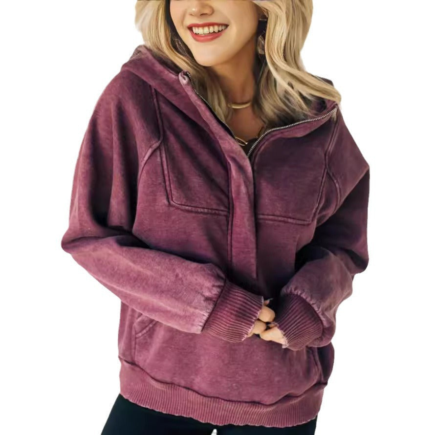 Women's Ladies Half Zipper Wash Hoodie Sweatshirt Sweaters