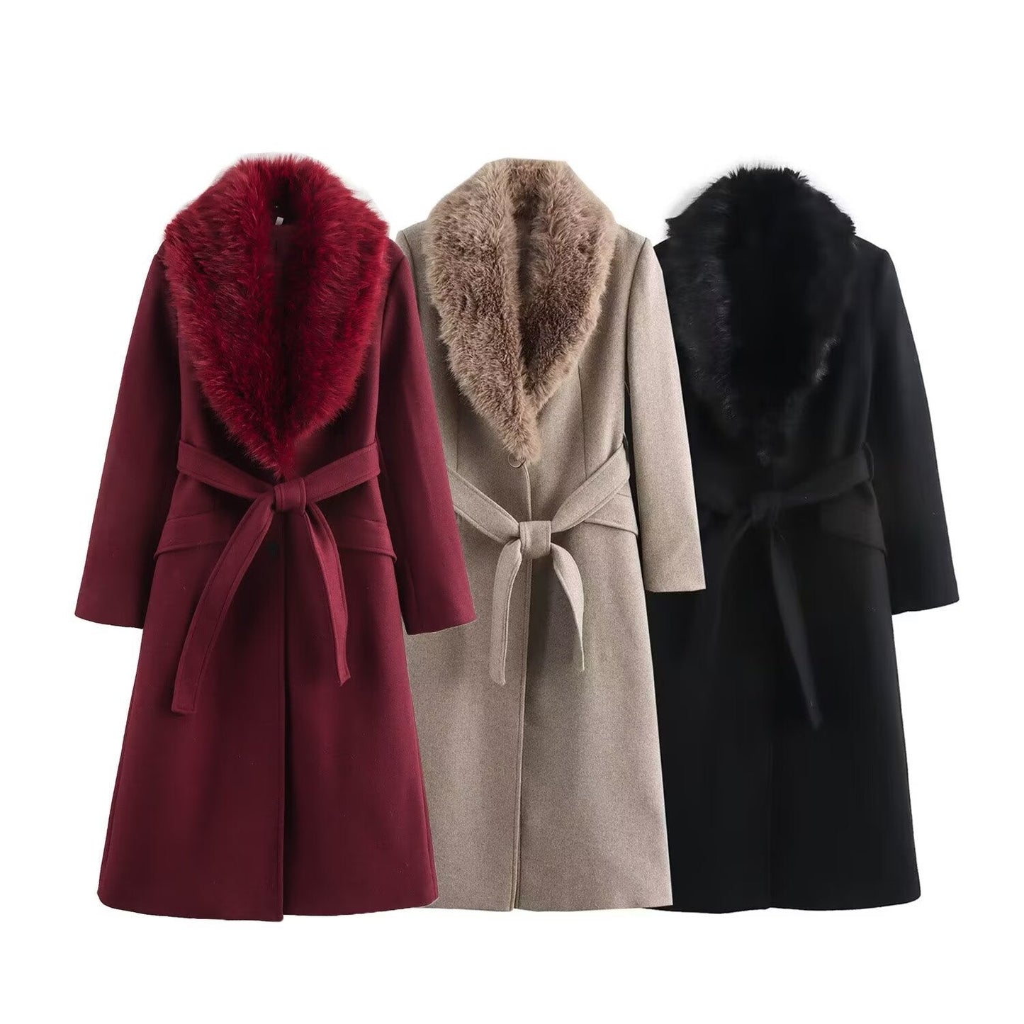 Women's Temperament With Belt Warm Fur Collar Coats
