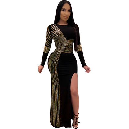 Sexy Rhinestone Crew Neck Split Long Uniform
