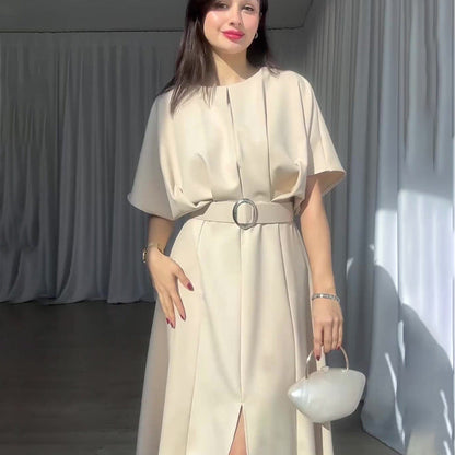 Color Fashion Round Neck Sleeves Dress Belt Shorts