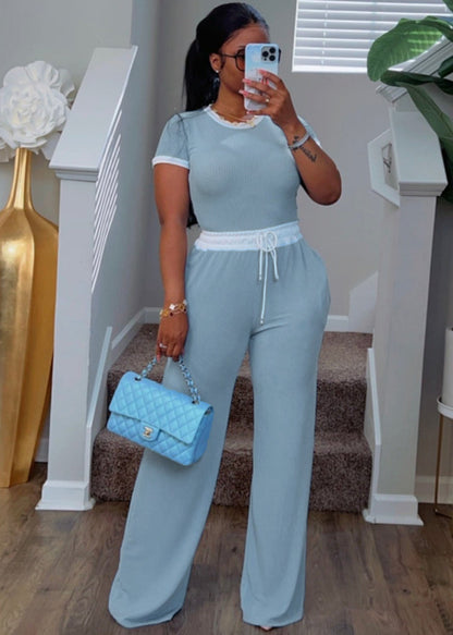 Women's Casual Daily Rib Contrast Color Round Neck Suits