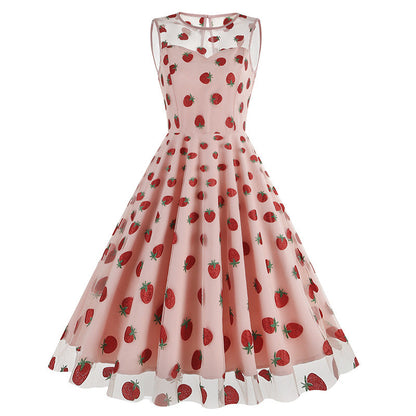 Round Neck Sleeveless Valentine's Day Mesh Embroidered Cherry Dresses