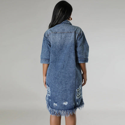 Women's Denim Ripped Tassel Sleeve Lapel Dress Dresses
