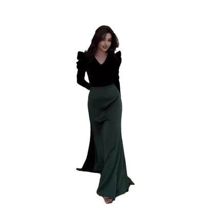 Fashion Elegant Veet Patchwork Intellectual Long Dresses