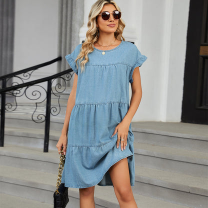 Women's Color Pullover Round Neck Denim Loose Casual Style Dresses