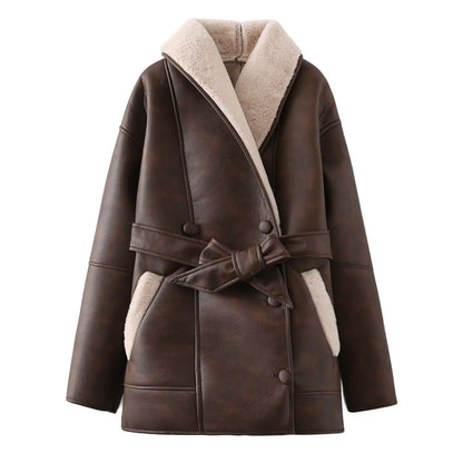 Women's Spring Festival Fashion Cashmere Leather Fur Collar Jackets