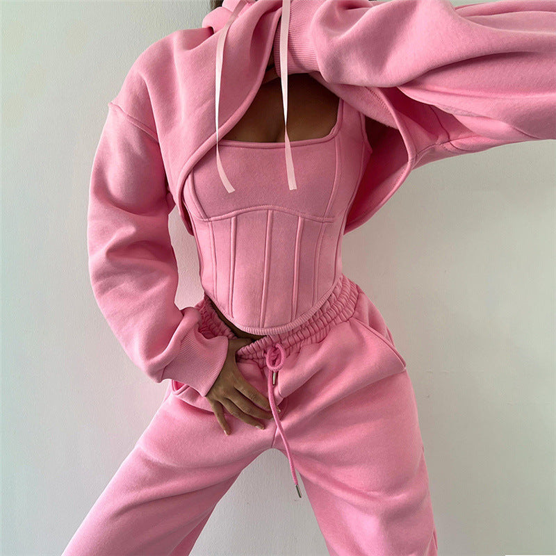 Fashion Casual Hooded Drawstring Fishbone Cinched Suits