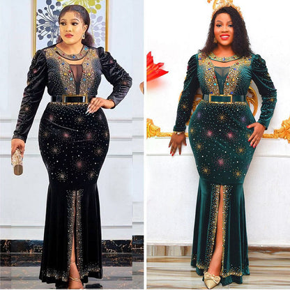 Women's Gold Veet Rhinestone Luxury Fishtail Long-sleeved Dress Long Dresses