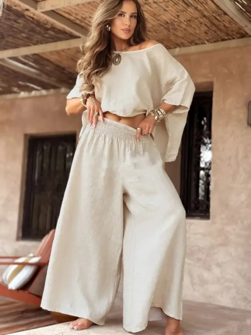 Women's Solid Color Elegant Two-piece Round Neck Wide Suits