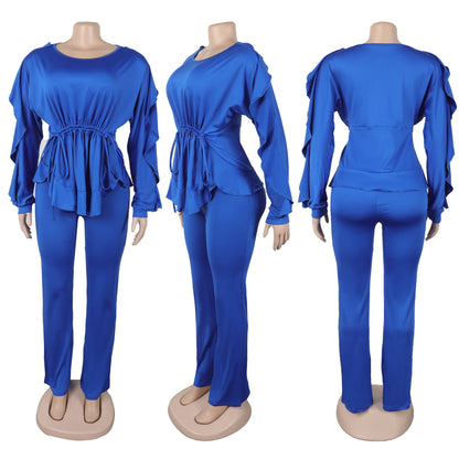 Women's Graceful Lace Drawstring Long Sleeve Trousers Suits