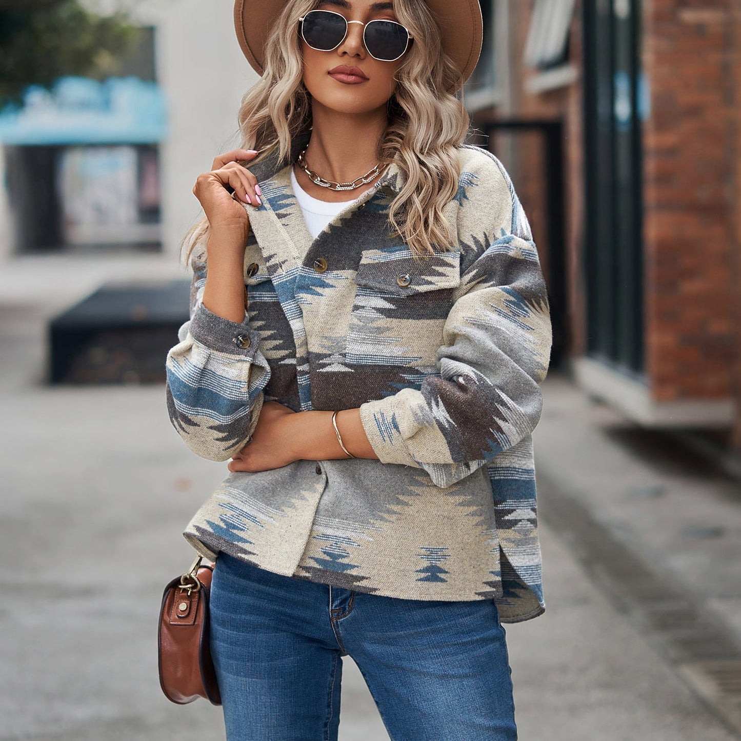 Women's Geometric Pattern Loose Lapels Pocket Button Coats