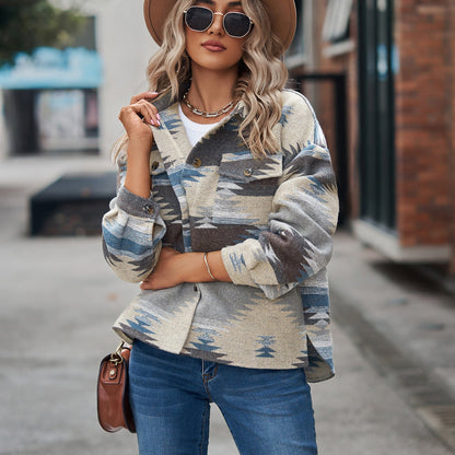 Women's Geometric Pattern Loose Lapels Pocket Button Coats