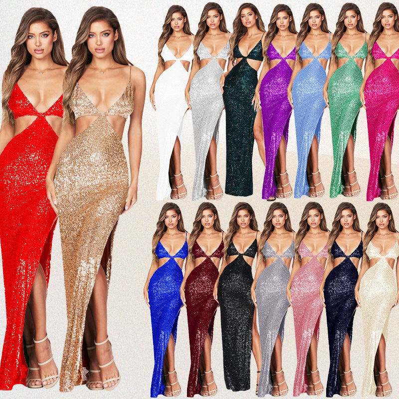 Women's Sequins Backless Dress High Sense Split Dresses