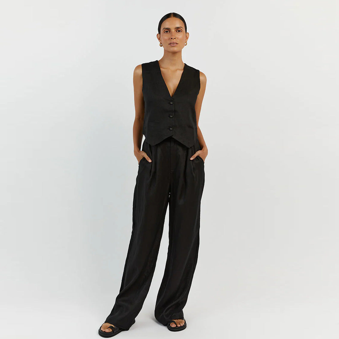 Women's Summer Cotton Linen Sleeveless Waistcoat Casual Fashion Straight Suits