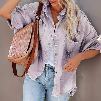 Women's Denim Solid Color Loose Casual For Jackets