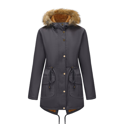 Women's Fleece-lined Parka Hooded With Fur Collar Mid-length Coats