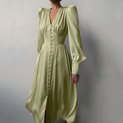 Women's Sleeve Elegant Slim Satin Court Waist Dresses