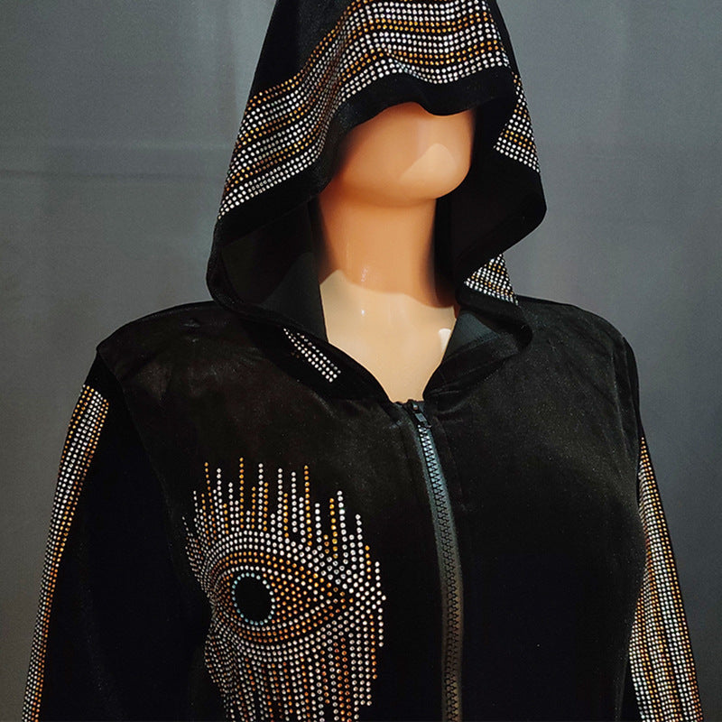 Women's Muslim Long-sleeved Hooded Robe Veet Rhinestone Dresses