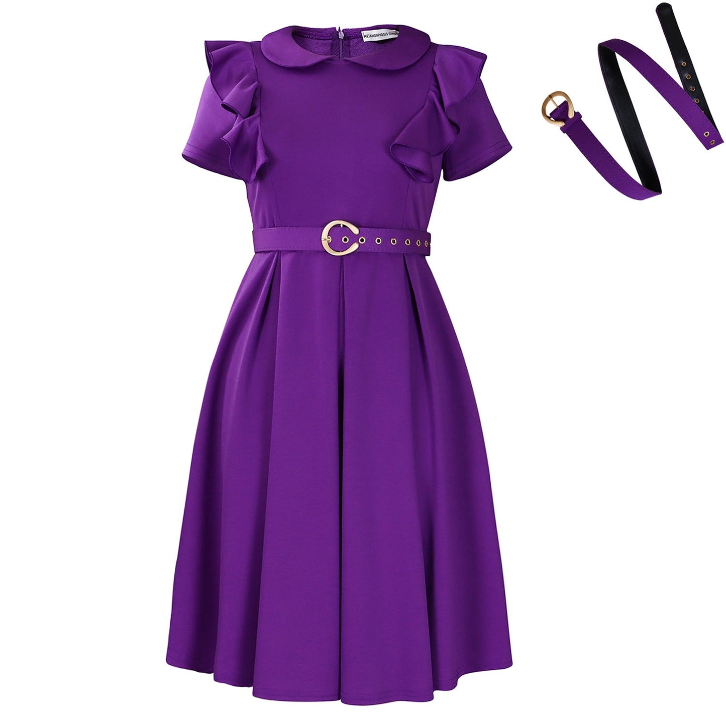 Women's Short-sleeved Doll Collar Solid Color Ruffled High Dresses