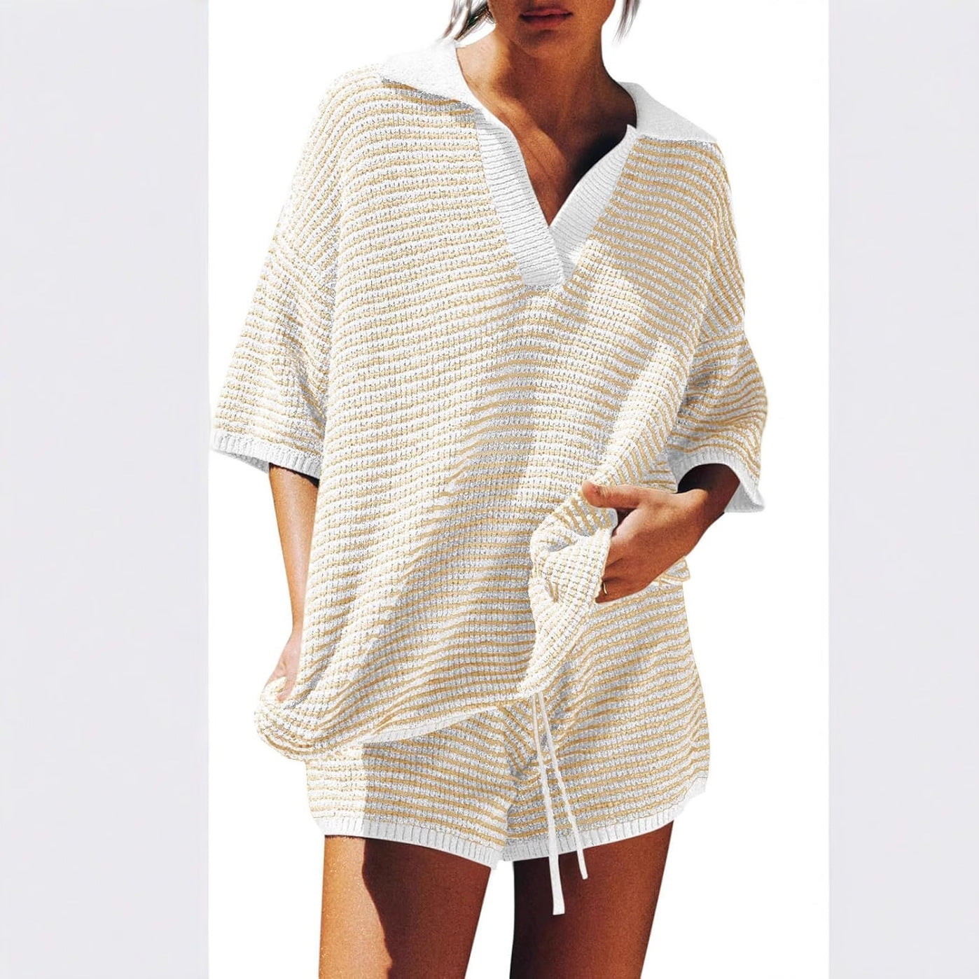 Women's Home Wear Two-piece Large Collar Striped Knitted High Suits