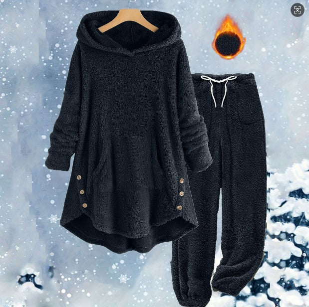 Women's Solid Color Plush Hooded Long Sleeve Suits