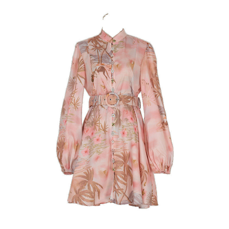 Design High Version Single-breasted Stand-up Collar Puff Sleeve Dresses