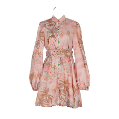 Design High Version Single-breasted Stand-up Collar Puff Sleeve Dresses