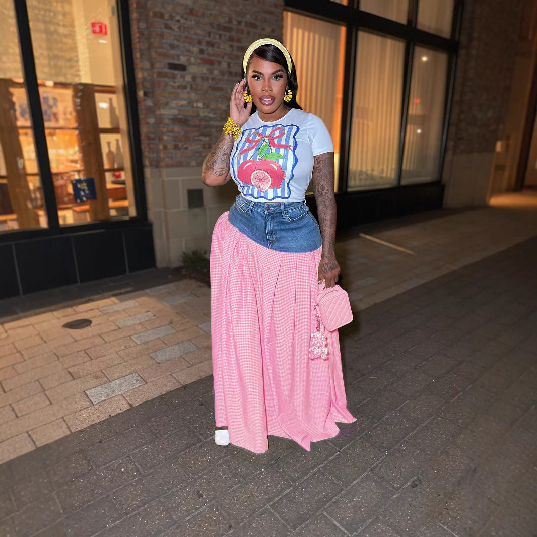 Women's Sexy Fashion Hot T-shirt Denim Stitching Suits
