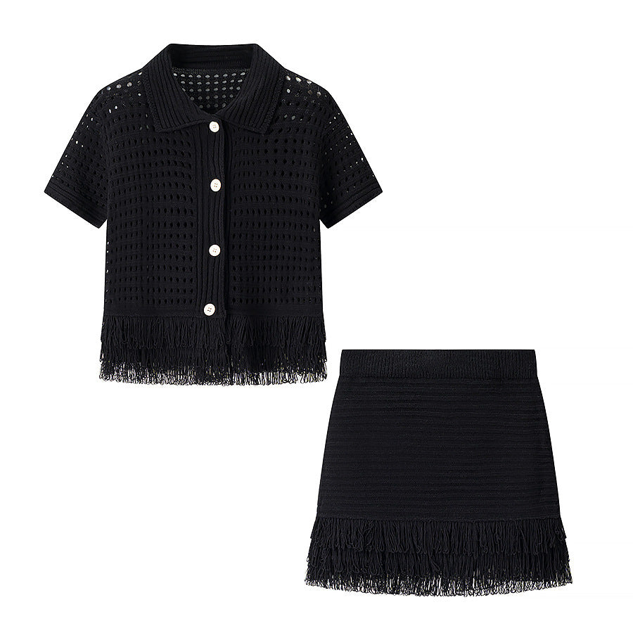 Women's Tassel Short-sleeved Knitted High Waist Mini Suits