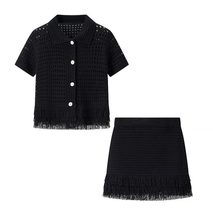 Women's Tassel Short-sleeved Knitted High Waist Mini Suits