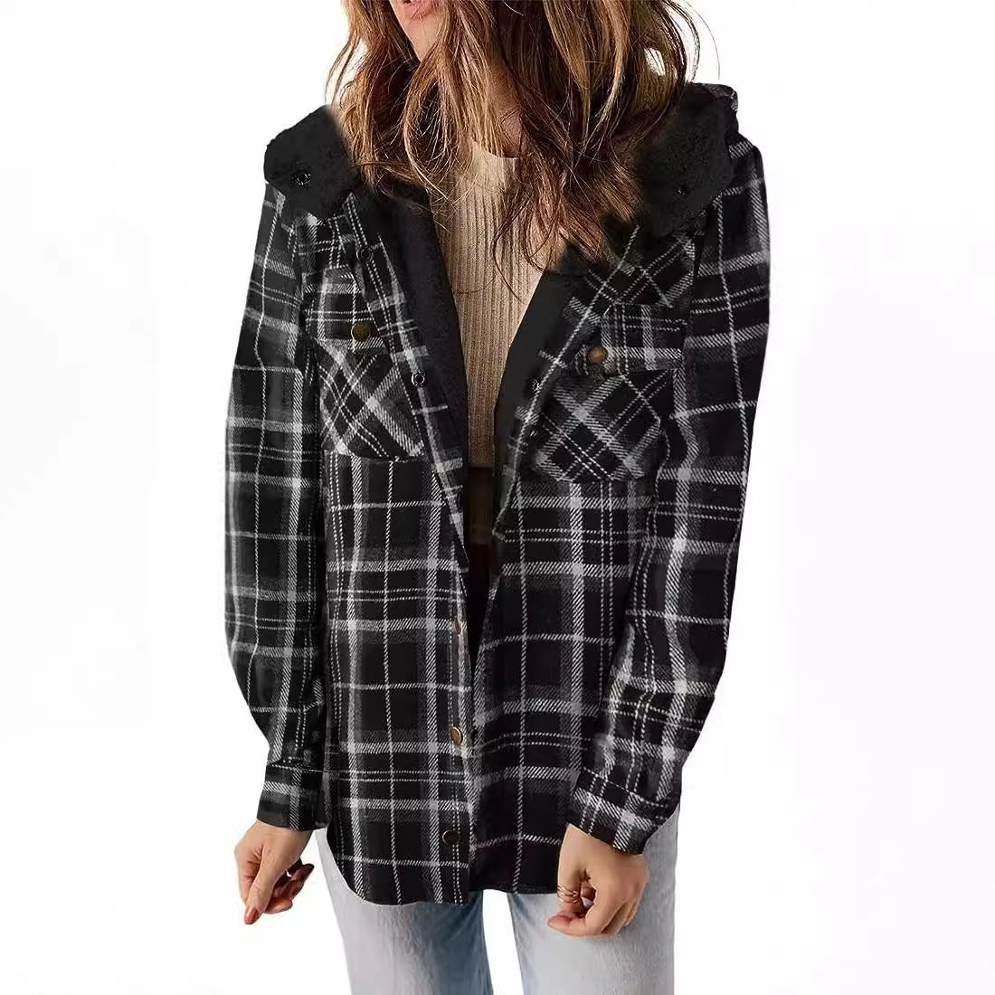 Women's Long-sleeved Plaid Woolen Hooded Lamb Wool Sweaters
