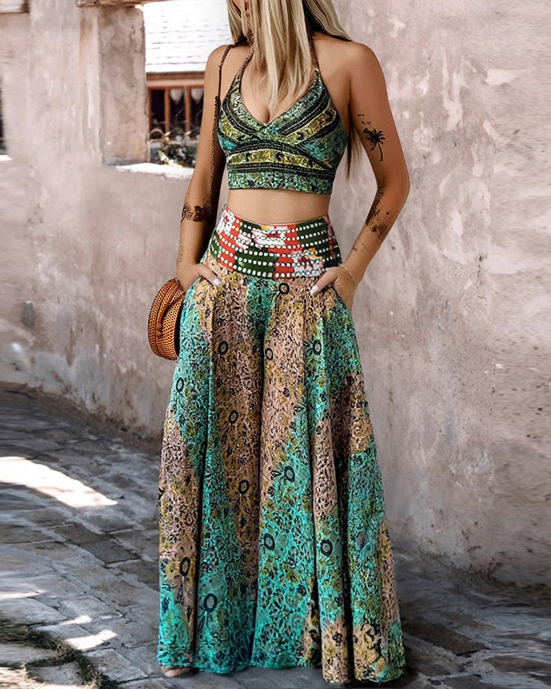 Set Waist Color Contrast Patchwork A- Line Pants
