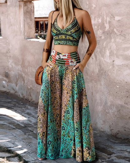 Set Waist Color Contrast Patchwork A- Line Pants