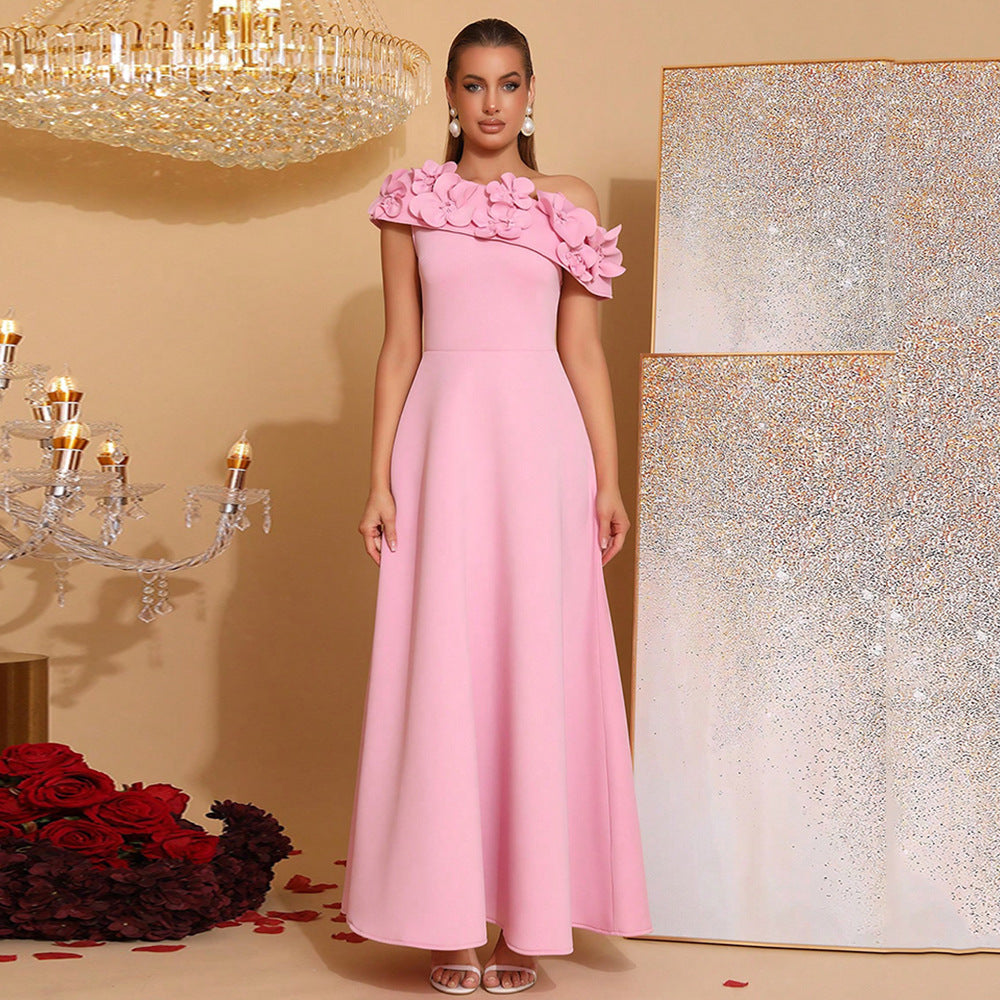 Elegant Oblique Shoulder Dress Stitching Flower Waist Slimming Style Dresses