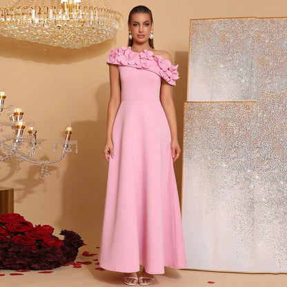 Elegant Oblique Shoulder Dress Stitching Flower Waist Slimming Style Dresses