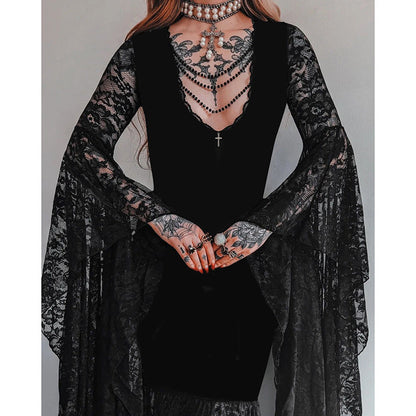 Women's Autumn Elegant Batwing Sleeve Lace Stitching Dresses