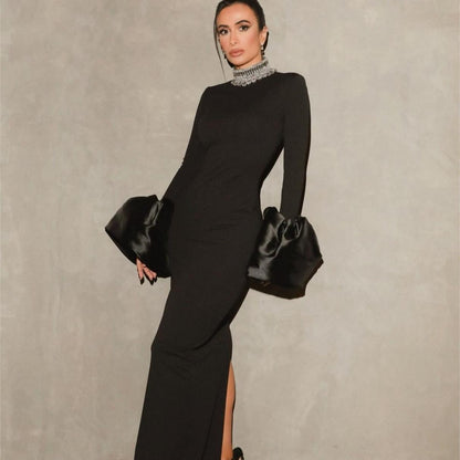 Bell Sleeve Rhinestone Collar Black Dress Elegant Dresses