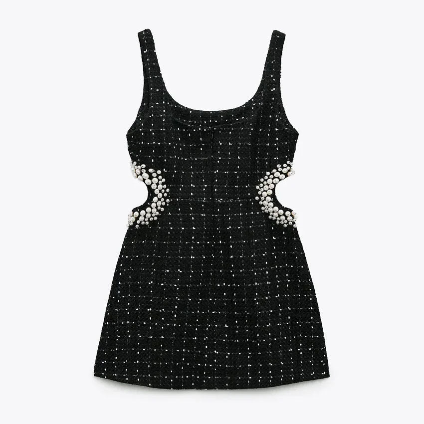 Women's Pearl Decorative Woolen Midriff Outfit Sling Dresses
