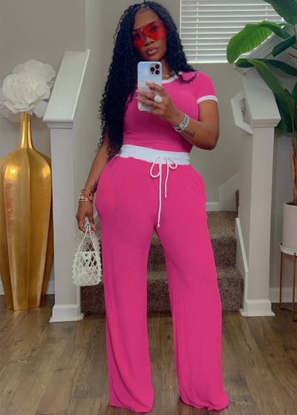 Women's Casual Daily Rib Contrast Color Round Neck Suits