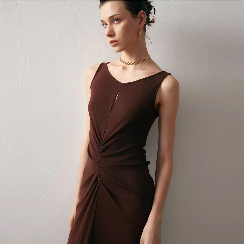 Color Round Neck Sleeveless Dress Pleated Dresses